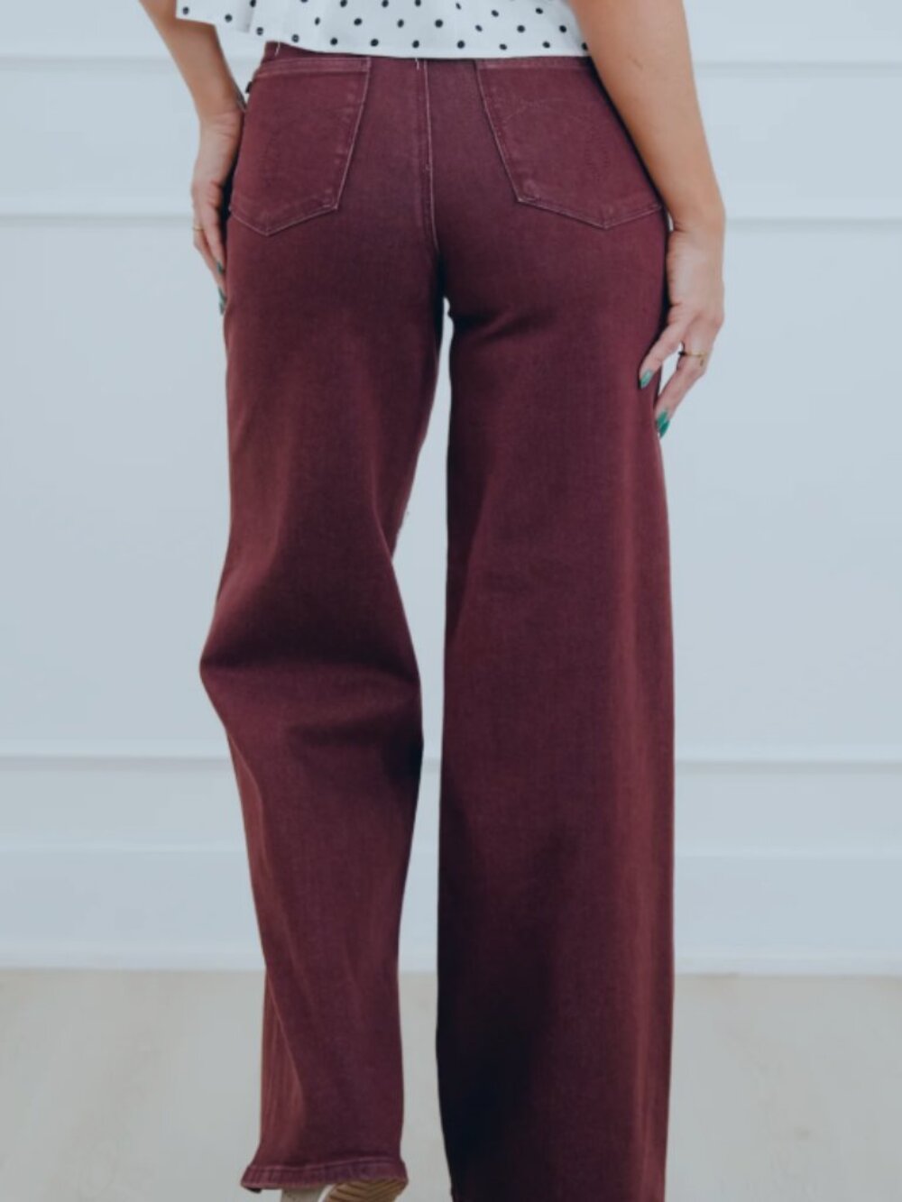 106 Judy Blue High Rise Burgundy Retro Wide Leg Jeans with Twisted Seams - Picture 4 of 8